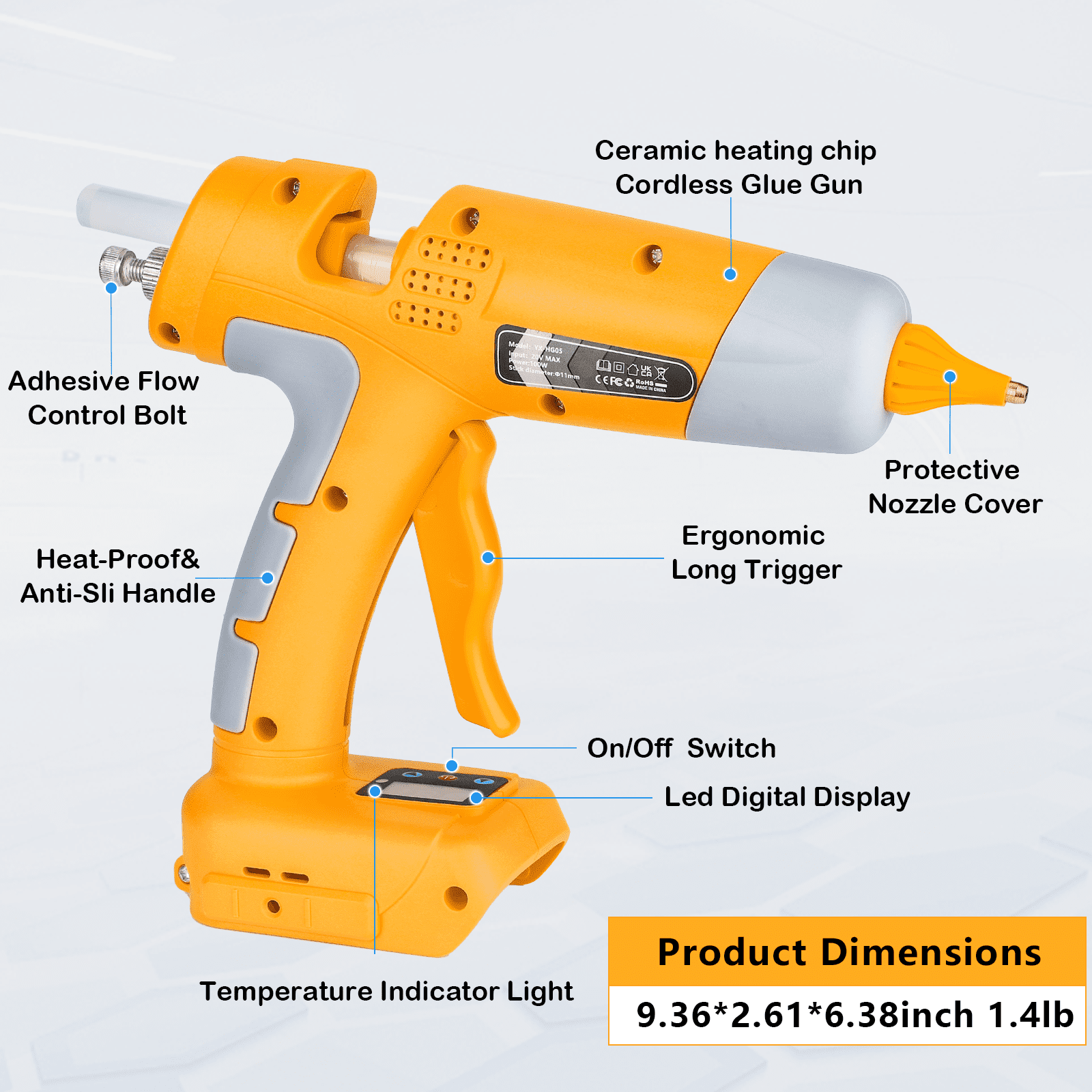 Cordless Adhesive Spray Gun 100W LED Digital Hot Melt Glue Tool with 10 Hot Glue Sticks for Home Repair,Crafts,DIY Packaging Powered by DEWALT 20V Li-ion Battery DCB206 DCB204 DCB205etc.