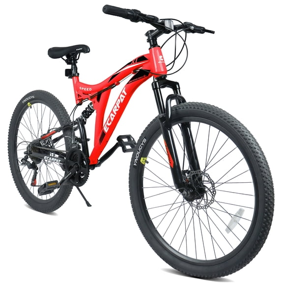 26 Inch Full Suspension Mountain Bike for Men and Women, Steel Frame, 21 Speed Twist Shifters, Disc Brakes, Red White