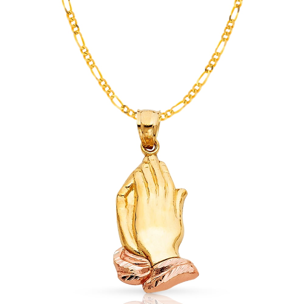 Ioka 14K Two Tone Gold Praying Hands Pendant with 1.9mm Figaro 3+1 Chain Chain Necklace 22