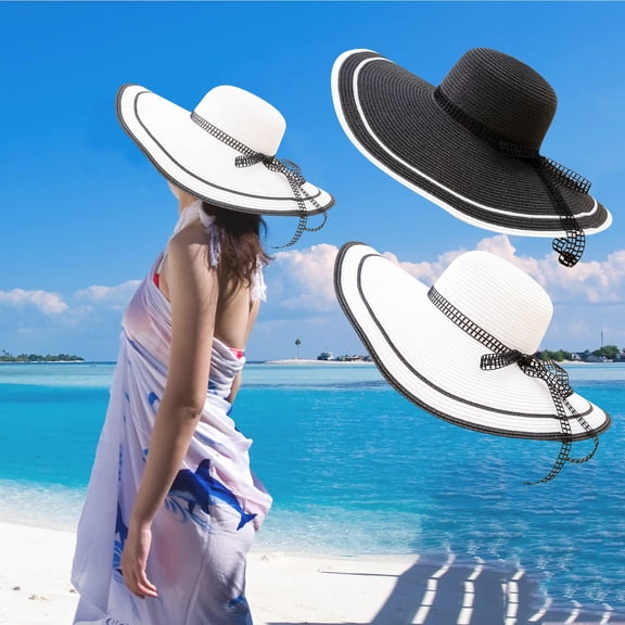 XINPING Women's Oversized Contrast Straw Sun Hat, Wide Brim Roll Up Floppy Visor Hat UV Protection Beach Vacation Hat with Lace Strap, Packable for Travel and Summer
