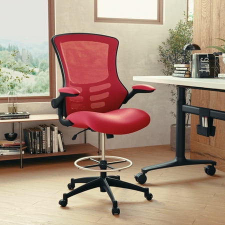 Flash Furniture - Mid-Back Mesh Ergonomic Drafting Chair with Adjustable Foot Ring and Flip-Up Arms - Red Mesh