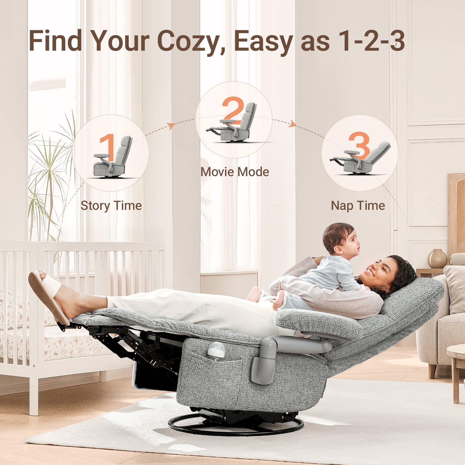 MAMAZING Nursery Chair Silent Rocking Ergonomic Removable Swivel Glider Recliner, Adjustable Armrests & Headrest, Gray