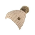 thumbnail image 2 of C.C Thick Cable Knit Faux Fuzzy Fur Pom Fleece Lined Skull Adult Cap Cuff Beanie, New Beige, Unisex, Adult, 2 of 4