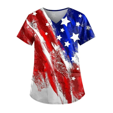

Chiccall Womens Plus Size Nursing Scrub Tops 4th of July Independence Day Patriotic American Flag Star Stripe Printing Working Uniform Short Sleeve V Neck Pockets Workwear Blouse T-shirt on Clearance