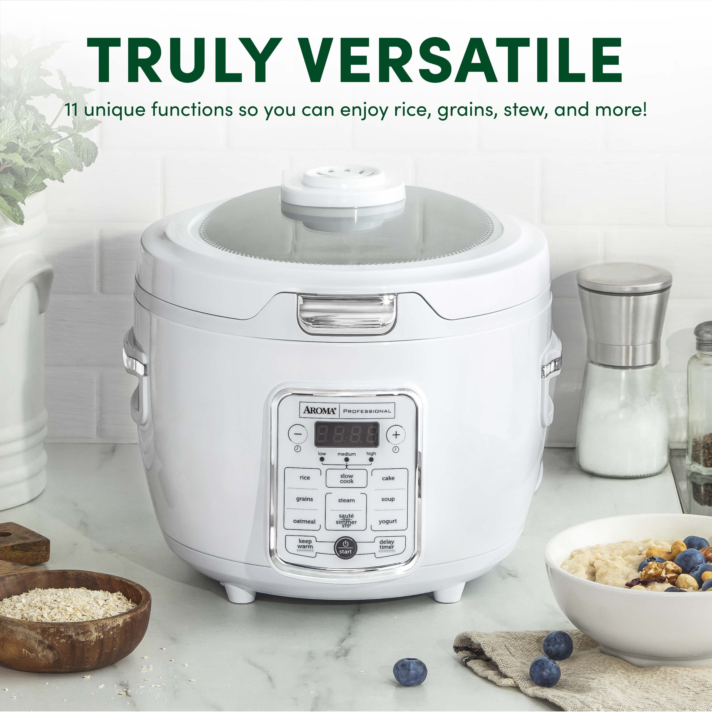 Aroma Professional 20-Cup Digital Rice & Grain Multicooker and Slow Cooker with Glass Top and 2X Bonded Granite Ceramic Non-Stick, White
