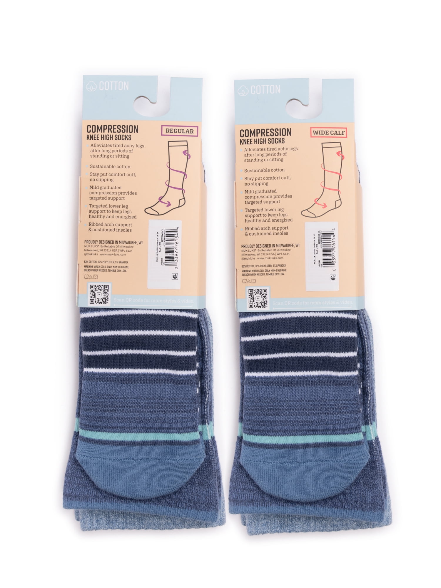 MUK LUKS Women's Wide Width Compression Cotton Knee-High Socks, 2-Pack, Shoe Sizes 6-10