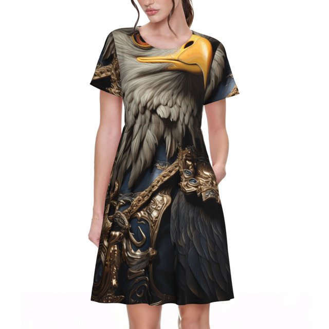 Disketp Noble Style Bald Eagle para Vestido de Manga Corta para Mujeres, Vestidos de Verano para Mujeres, Casual y Holgado para la Playa