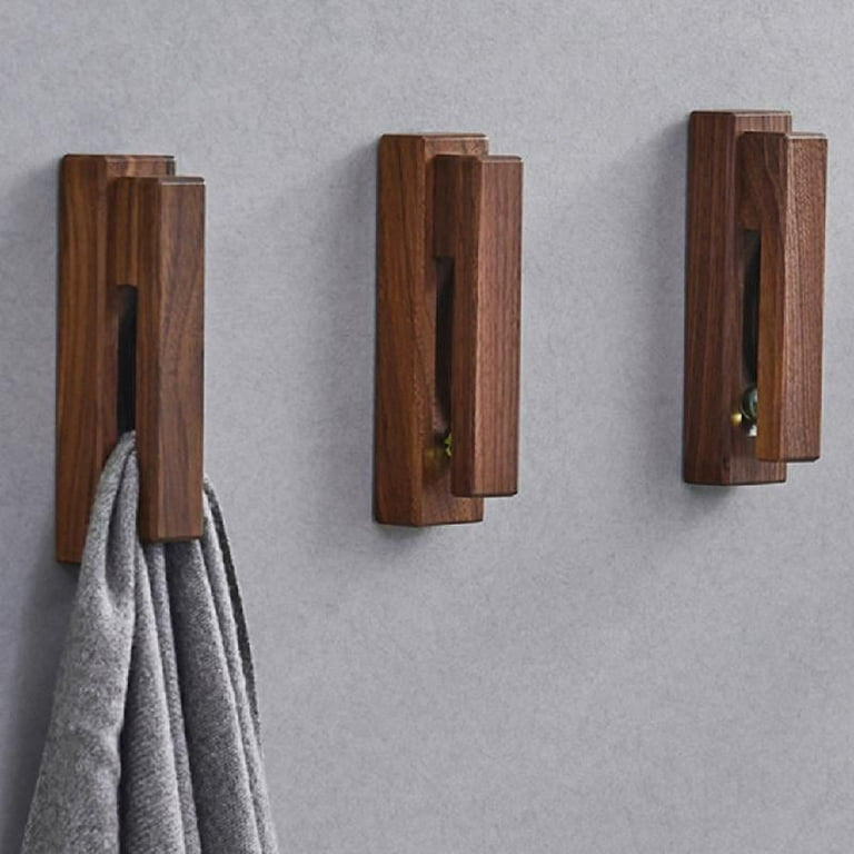 Set of 5 Self-adhesive Oak Wooden Wall Hooks, Towel Hooks