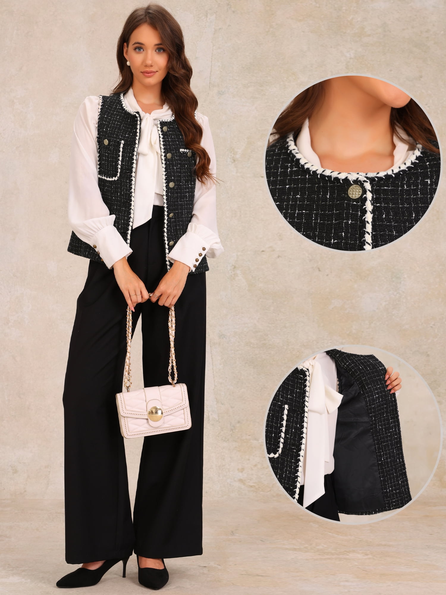 DARING DIVA Women's Tweed Plaid Round Neck Sleeveless Vintage Vests M Black