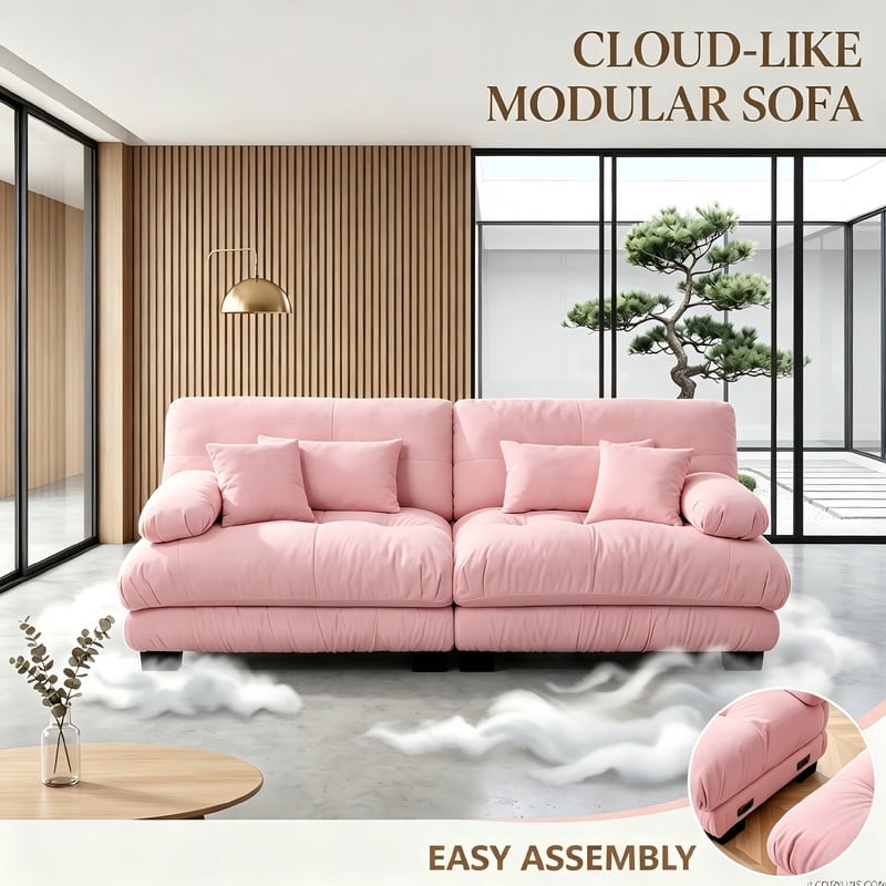 ANPPORT Cloud Couch Sleeper Sofa, Chenille Pink 2-Seater Modular Sofa, 2 Lumbar pillows, 2 Pillows, Comfy Deep Seat Cloud Sofa, Convertible L-Shaped Floor Couch for Living Room