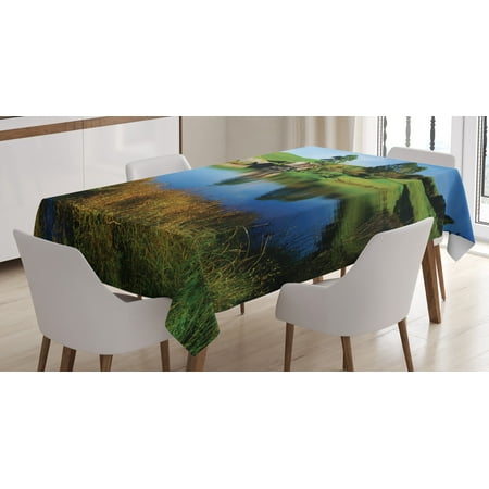 Hobbit House - Hobbits Tablecloth, Hobbit Land Village House by Lake with Stone Bridge Farmhouse Cottage New Zealand, Rectangular Table Cover for Dining Room Kitchen, 60 X 84 Inches, Green Blue, by Ambesonne