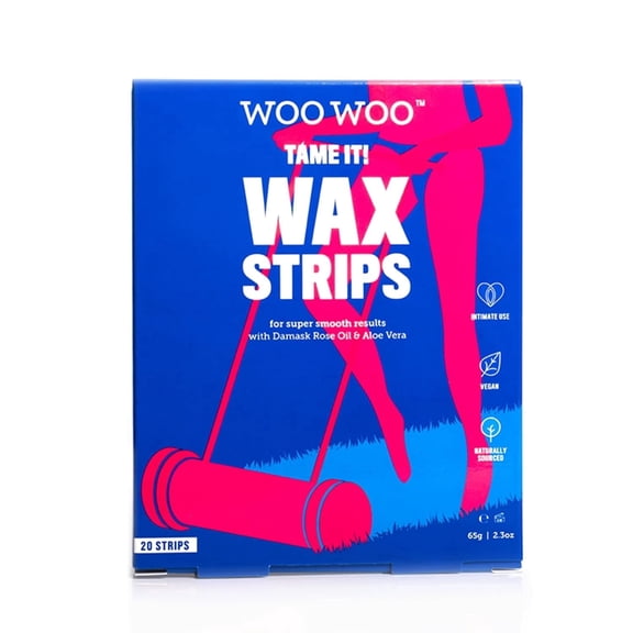 WooWoo Tame It! Bikini Wax Strips - Vegan Ready-to-Use Hair Removal Kit with Damask Rose Oil & Aloe Vera | Up to 28 Days Smooth Skin, Gentle on Sensitive Areas | 20 Wax Strips Aftercare Cream