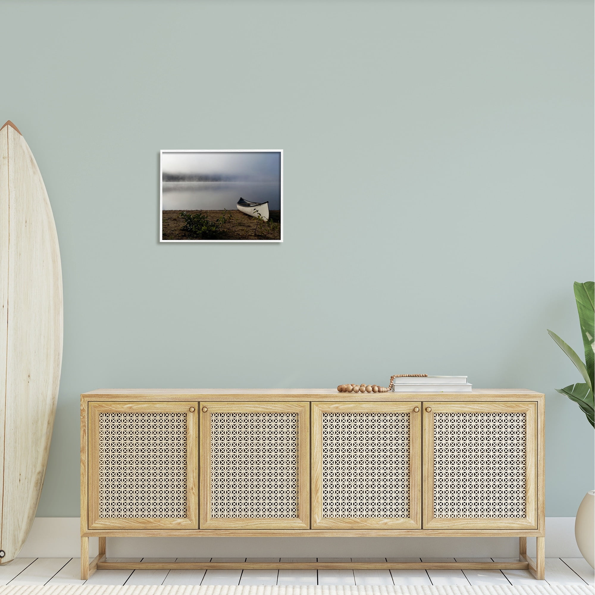 Stupell Industries Lone Canoe Tranquil Foggy Lake Beach Weather Photograph White Framed Art Print Wall Art, Design by Daphne Polselli