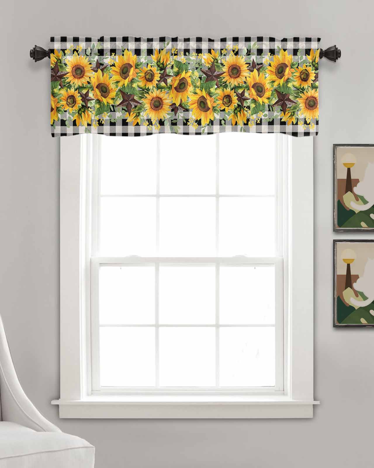 Sunflower Kitchen Valances for Windows Farmhouse Linen Window Valance Curtain for Living Room Window Treatment Rustic Brown Country Star Black Checkered Valance Rod Pocket Topper Drape, 42 x 12 Inch