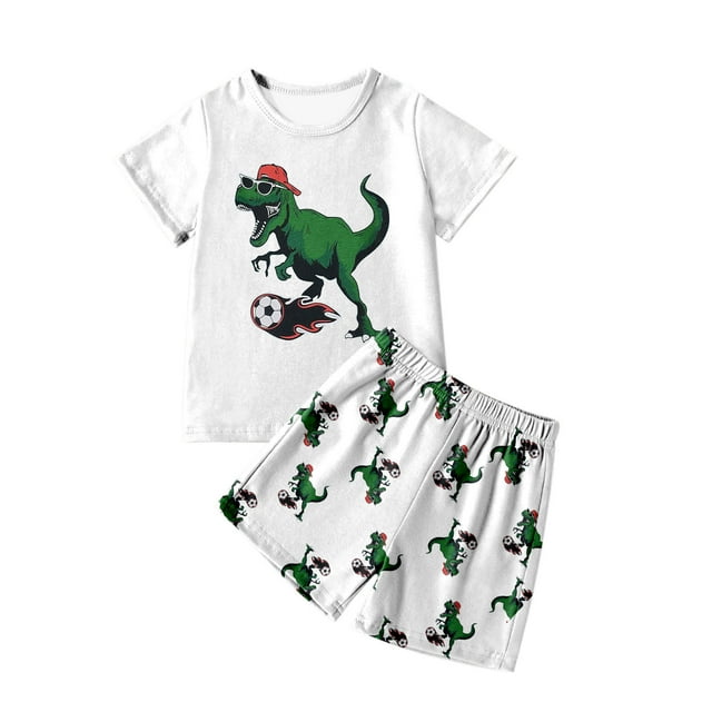 MIASHUI 2 Piece Summer Outfits Kids Boy Short Sets Dinosaur Print Tees and Shorts,White,5-6 Years
