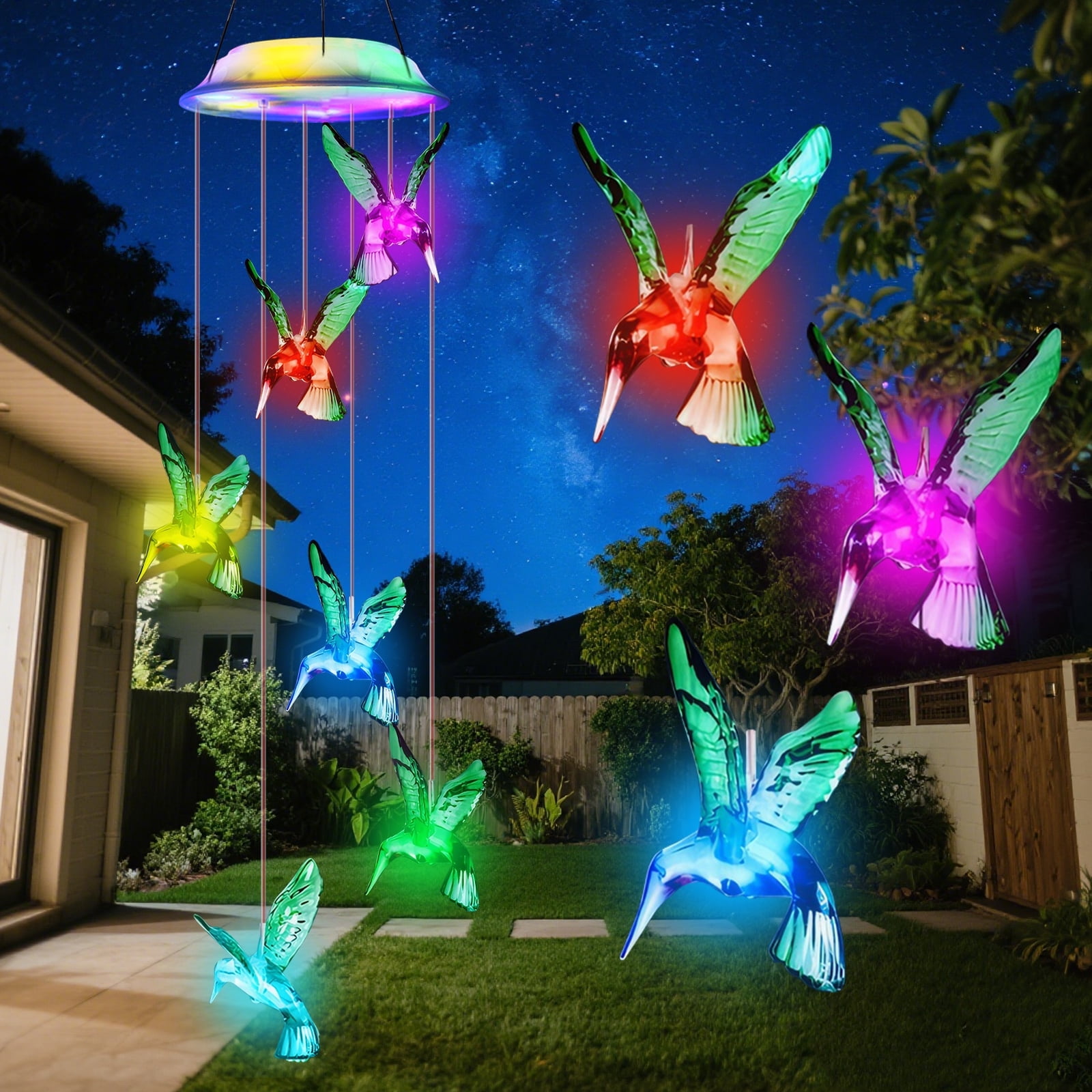 Qoosea Solar Hummingbird Wind Chimes LED Changing photo 1