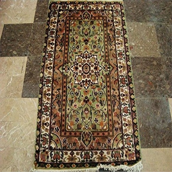 Ahmedani Linen Green Ivory Touch Home Decor Bedroom & Living Room Area Rugs Hand Knotted Wool Silk Carpet (4 x 2.6)'