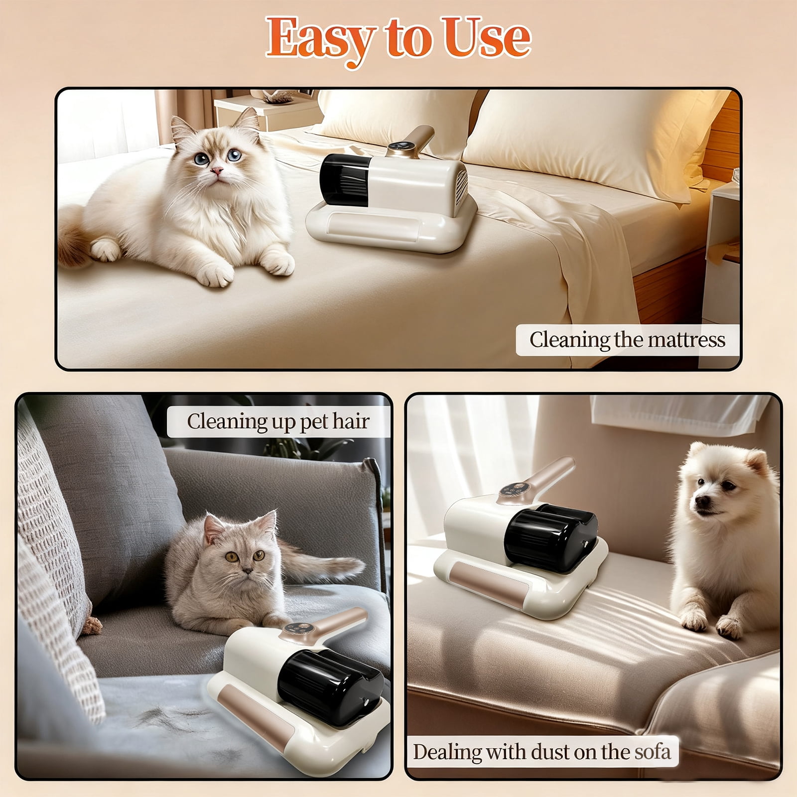 Cordless Mattress Vacuum Cleaner, 253.7nm UV-C Light, 1kPa Strong Suction, 8000 Rpm Double Tapping, Dual Dust Collector, Wide Suction Port for Bed & Pet Hair