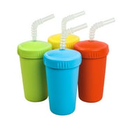 Re-Play Made in The USA 4pk Straw Cups with Reversable Reusable Straw for Easy Baby, Toddler, Child Feeding - Red, Sky Blue, Yellow, Lime Green (Preschool )
