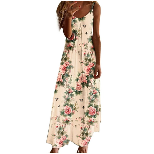Vestidos de Verano con Cuello en V para las Mujeres 2025 Imprimir Vestido de Cuello Redondo sin Mangas Vestidos Largos Casuales, Ligeros Y de Moda