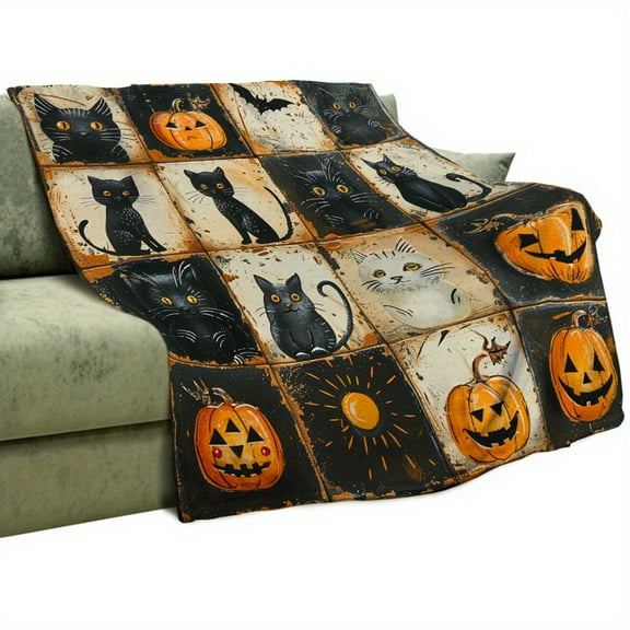 Vintage Halloween Checkered Cat & Pumpkin Plush Throw Blanket - Soft 280GSM Lightweight Cozy Flannel, Black & Orange Spooky Design with Bats & Pumpkins, All-Season Home Decor for Bed, Couch, Living R