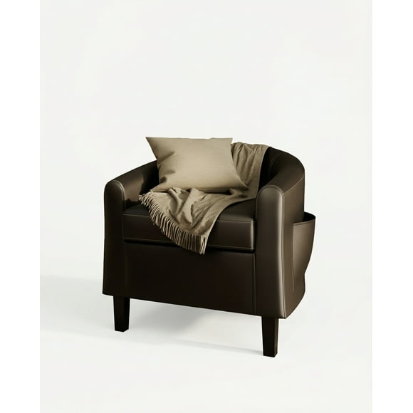 Garvee PU Leather Barrel Chair, Modern Accent Chair, Armchair with Wood Legs and Soft Padded, Black