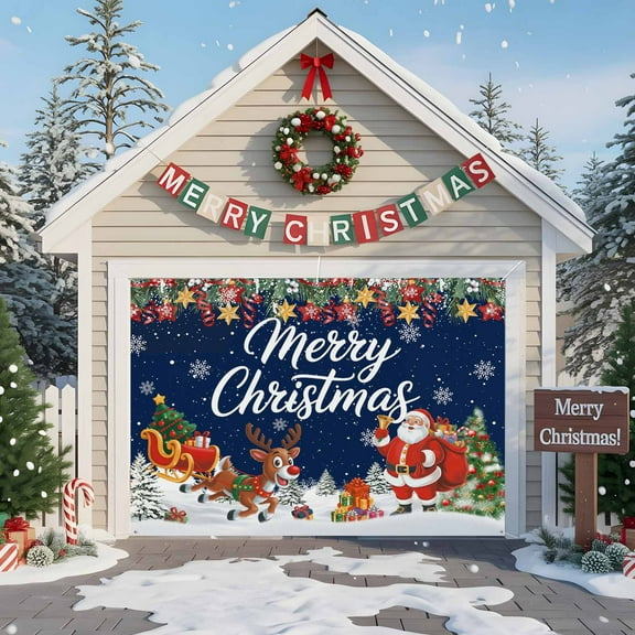 Fsddascl 7 x 8 Ft Christmas Garage Door Cover, Blue Christmas Santa Large Garage Door Banner, Xmas Elk Tree Snowflake Botanical Hanging Garage Mural Background for Indoor Outdoor Xmas Party Supplies