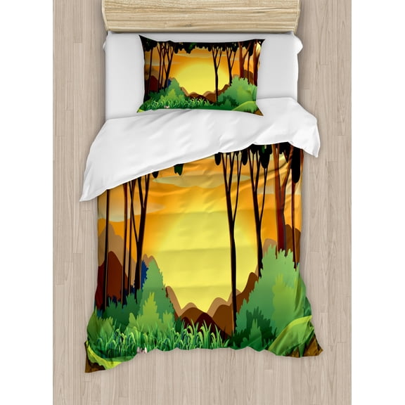 Forest Duvet Cover Set Twin Size, Cartoon Sunset over Hills Tree Spring Season Inspirations Green Bushes, Decorative 2 Piece Bedding Set with 1 Pillow Sham, Green Caramel Yellow, by Ambesonne