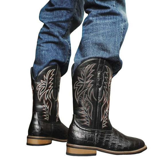 Chenyee Cowboy Boots for Men Classic Embroidered Wood Grain Slip On Pointed Toe Western Country Booties