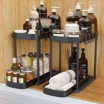 2-Tier Pull-Out Organizer, Multi-Purpose Kitchen Spice Rack & Bathroom Countertop Storage Shelf with Hooks, Space-Saving Under Sink Organizer for Toiletries, Cleaning Supplies, Black