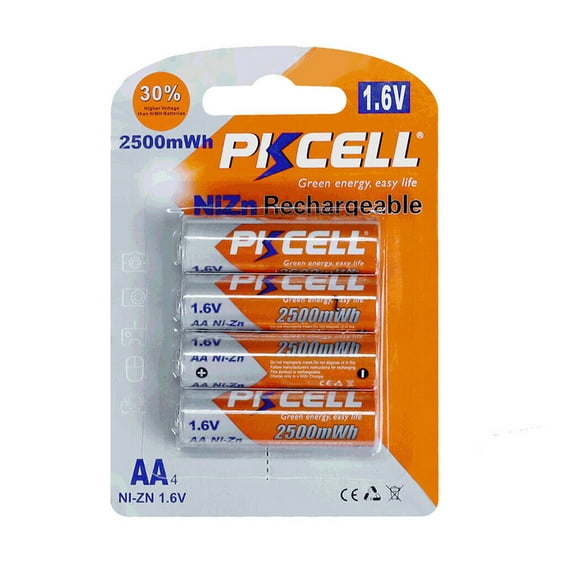 PKCELL Rechargeable AA Batteries NiZn Double A 1.6V 2500mWh Battery- 4Counts for Thermometer Cameras Power