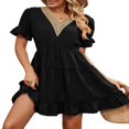 thumbnail image 2 of PENGXIANG Femmes Manches Courtes Mini Robe V Cou Volants Robes Décontractées une Ligne Fluide Été Plage Partie Robe de Soleil, 2 of 6
