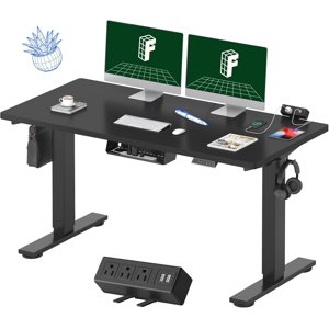 EN2 55 x28 Standing Desk with Power Strip Bundle Black | One-Piece Desktop Easy-Access Clamp Power Strip Bundle Organized Cable Management Modern Home Office Setup