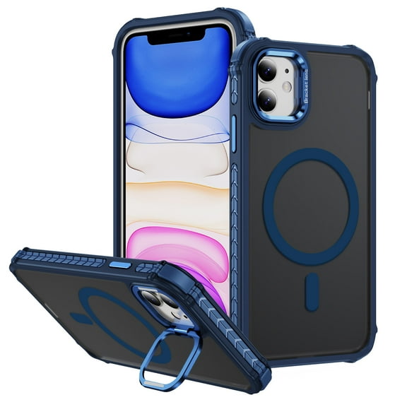 Magnetic for iPhone 11 Stand Case [Compatible with MagSafe] [Military Grade Drop Protection] [Lens Folded Bracket] Slim Grip Matte Shockproof with Anti-Fingerprint Phone Case,Blue