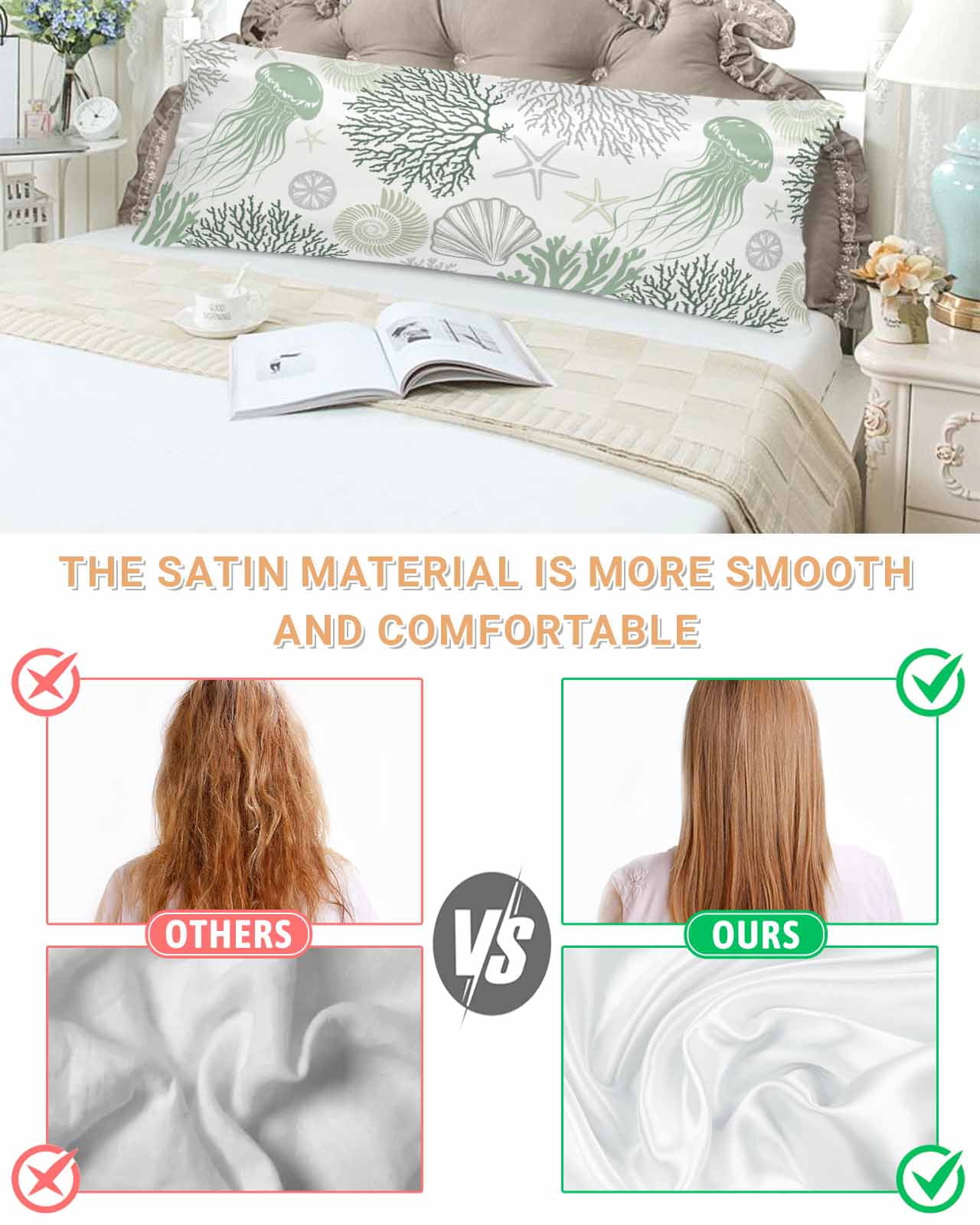 Sage Green Coastal Pillow Cases Body Size, Smooth Satin Pillowcase for Hair and Skin, Coral Jellyfish Nautical Decorative Cooling Bed Pillow Covers with Zipper, 20x54 Inches