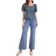 thumbnail image 2 of BLUSA FLORAL PARA MUJER INSPIRADA CHIC CON ESCOTE CUADRADO Y MANGAS ABULLONADAS, ESPALDA ELÁSTICA, TOP CASUAL EN AZUL OSCURO TAMAÑO S, 2 of 6