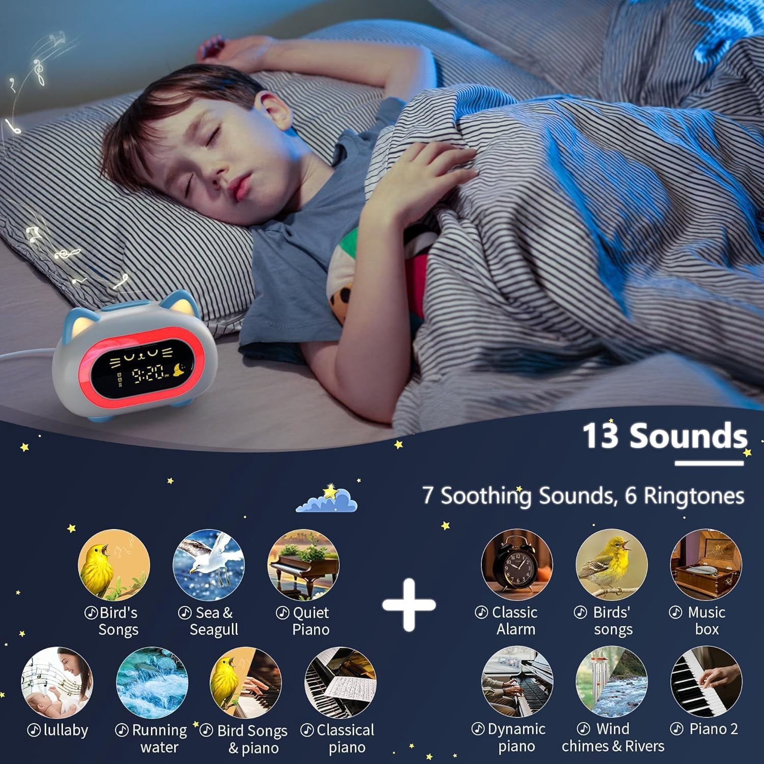 Sailstar Kids Alarm Clock with Night Light, 10 Colors, 3-Level Dimmable, Snooze Mode, Sleep Training Clock with Sound Machine for Toddler Bedroom