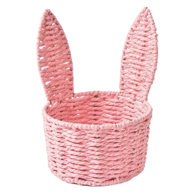 Adorable cesta tejida con orejas de conejo, organizador de dulces, decorativo y multiusos. Rosa