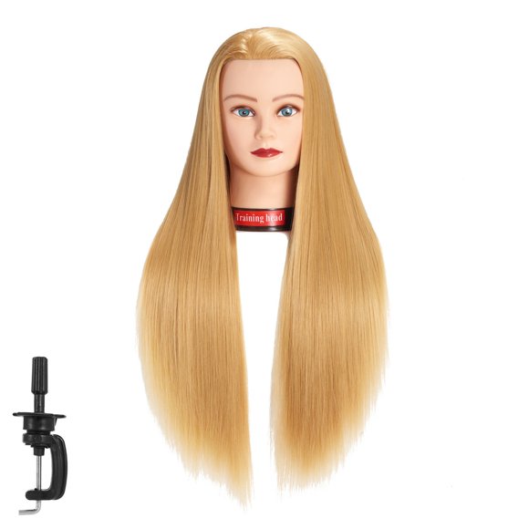 Traininghead Cabeza de maniquí de 26 a 28 pulgadas, cabeza de entrenamiento para peinado, maniquí, cosmetología, cabeza de muñeca, fibra sintética, modelo de entrenamiento de peluquería con soporte de