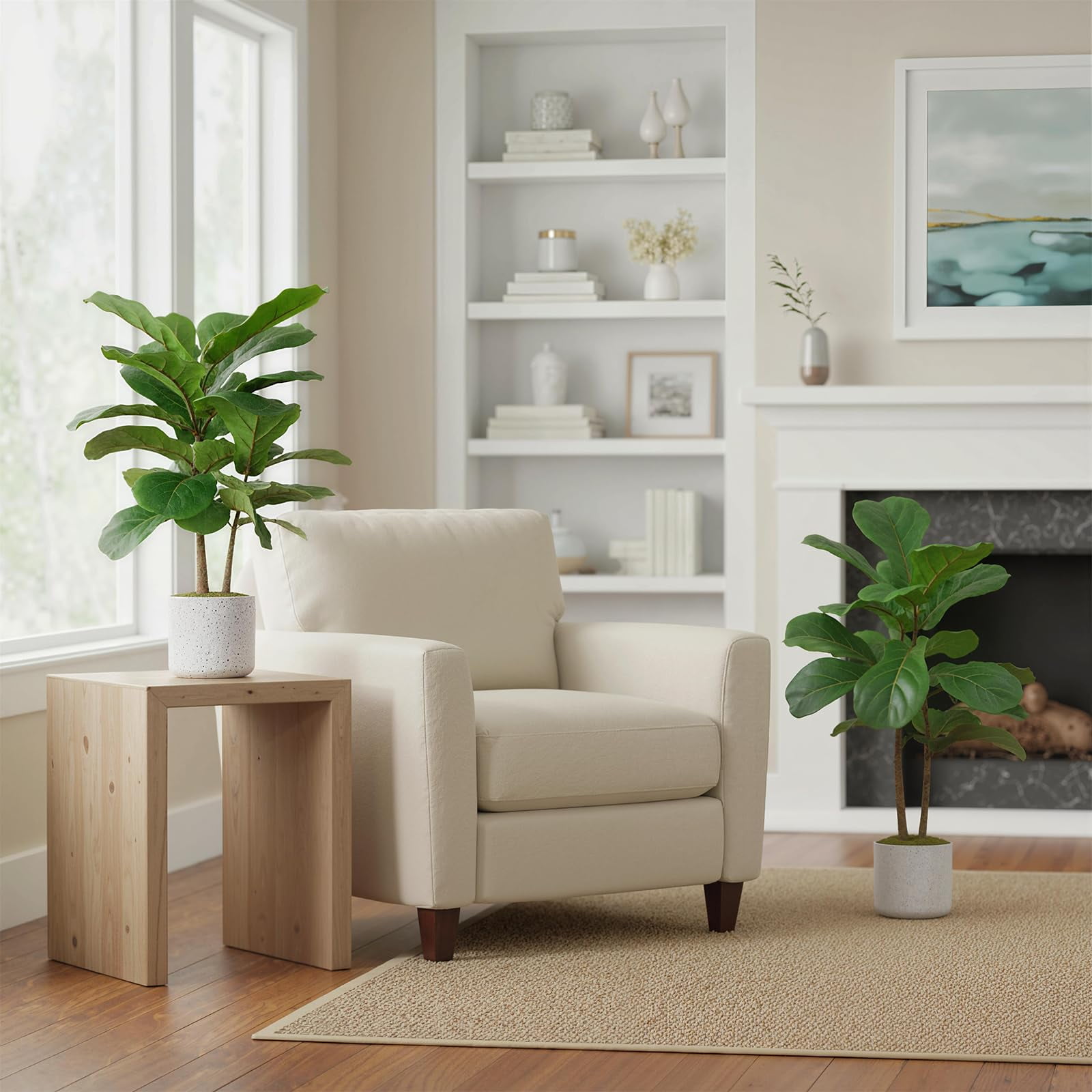 QinaQin 15.7" Faux Fiddle Leaf Fig Tree Indoor, 2 Pack Artificial Potted Ficus Trees with White Pots and Cement Moss Base, Small Fake Potted Ficus Plants with Realistic Leaves for Home Office Decor