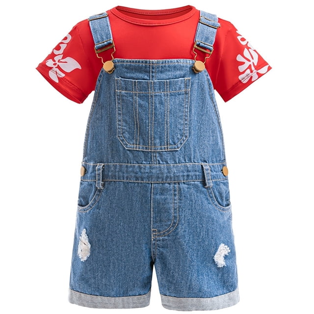 Conjunto de Camiseta Floral Hawaiana y Shorts de Mezclilla para Niñas, Atuendo de Playa Tropical para Niños, Disfraces de Halloween para Niños Pequeños
