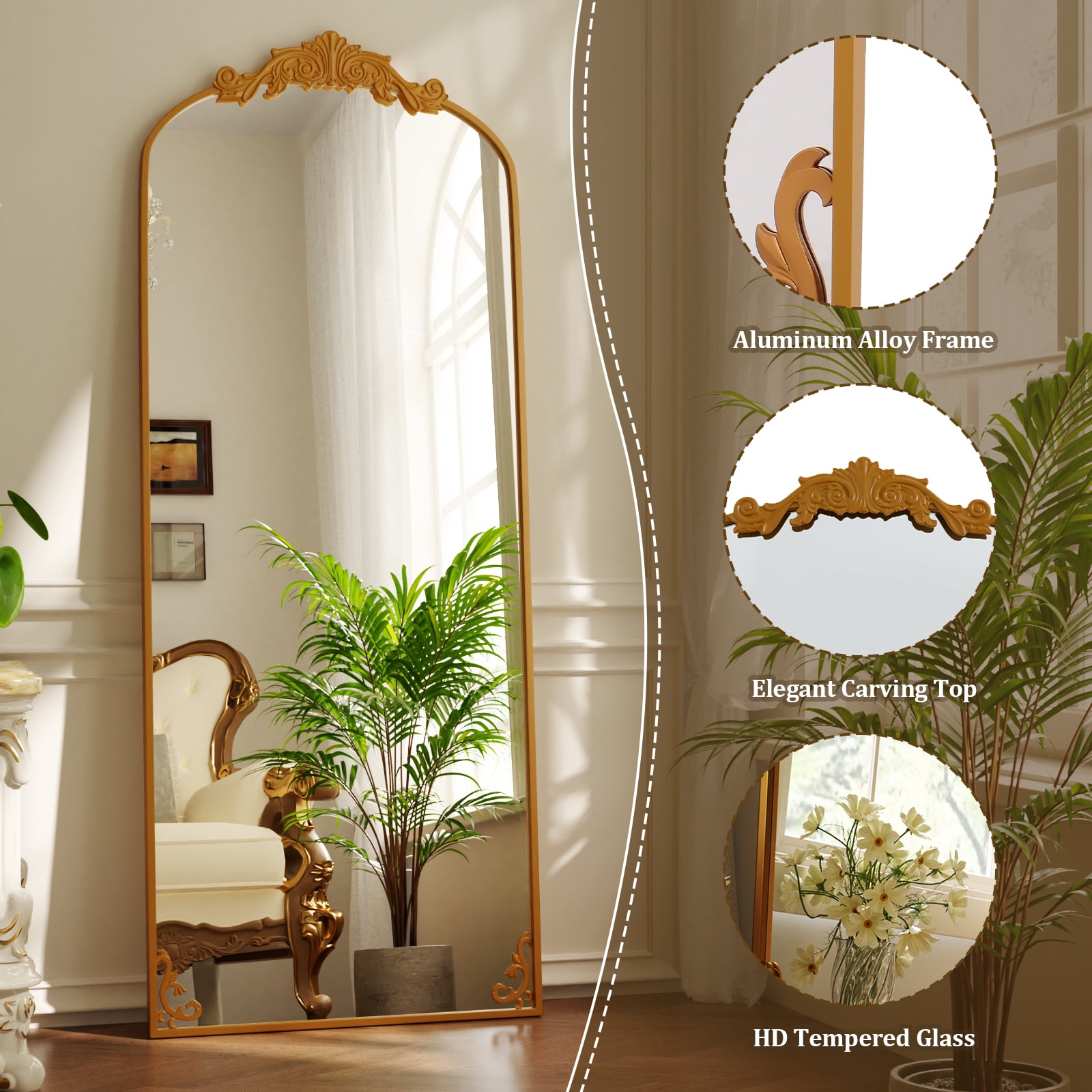 Mirstory 64"x 21" Full Length Mirror Vintage Arched Full Body Mirror with Carved Metal Frame, Gold