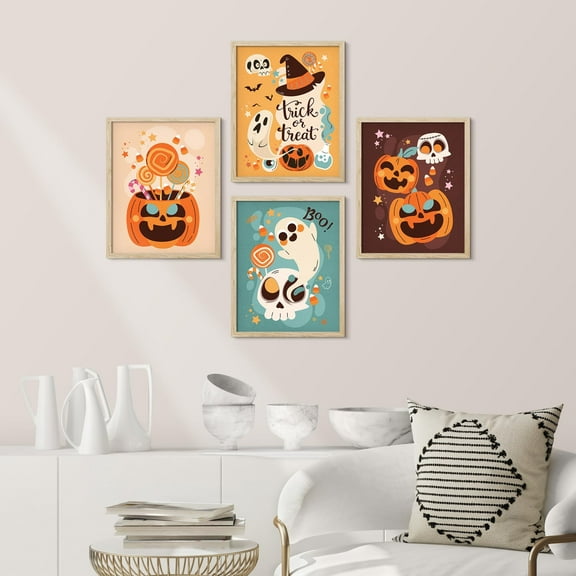 PixonSign Framed Wall Art Halloween Celebrations Holidays Posters, Set of 4 Cute Ghost Jack O' Lantern Candy Cartoon Illustrations Wall Decor, Adhesive Canvas Prints for Home Decor - 11"x14" Natural