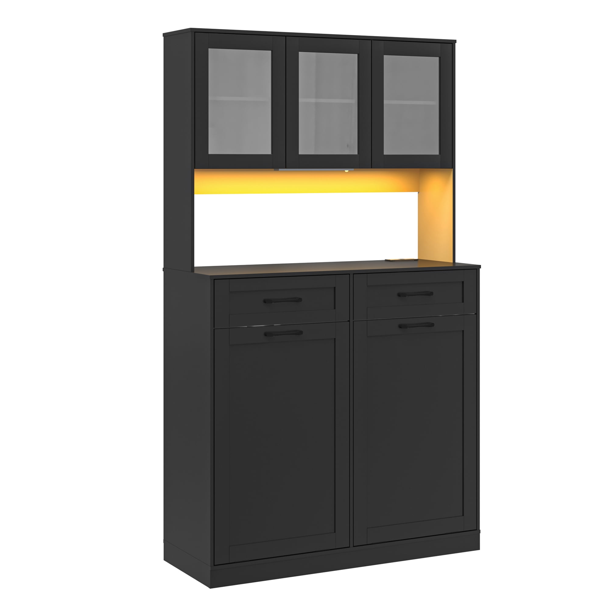 ANPOO 72.1"H Kitchen Pantry Storage Cabinet with Power Outlets & LED light, Kitchen Double Tilt Out Trash Cabinet 13X2 Gallon Garbage Holder with Two Drawers, Freestand Laundry Sort Cabinets