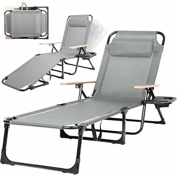 Adjustable 4-Position Outdoor Folding Chaise Lounge Chair with Pillow & Cup Holder, for Patio, Pool, Beach(Grey)