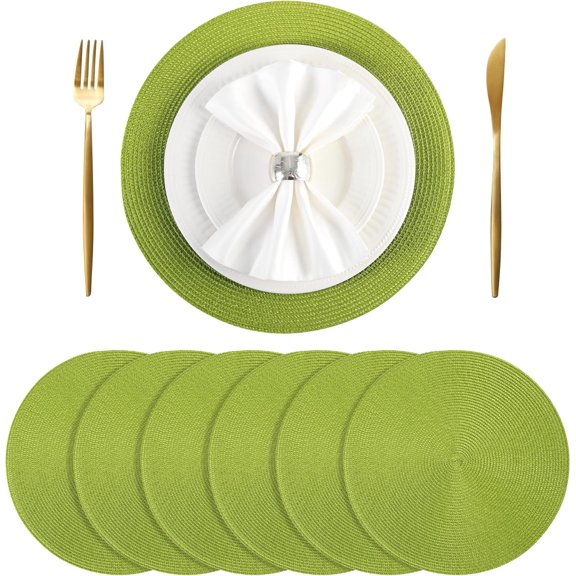 Placemats, Round Placemats Set of 6, Round Table Mats for Indoor and Outdoor Dining Table, Washable Woven Non-Slip Placemats,15 inch (Lime Green)