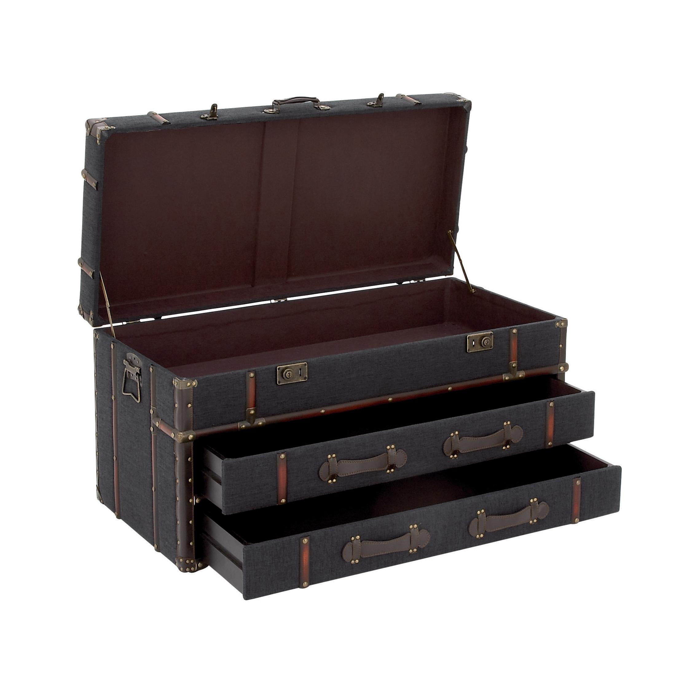 DecMode 40" x 21" Dark Blue Linen Fabric Upholstered Trunk 2 Drawer Coffee Table with Buckle Hinged Top, 1-Piece