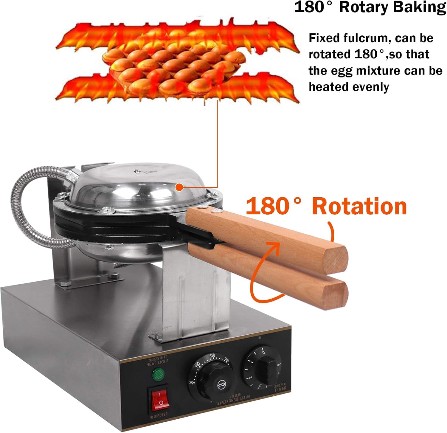 YUEWO 1300W Commercial Bubble Waffle Maker - 110V Non-Stick Rotating Egg Puff Iron for Home & Business (Hong Kong Style, 180° Flip, 50-250°C Temp Control)