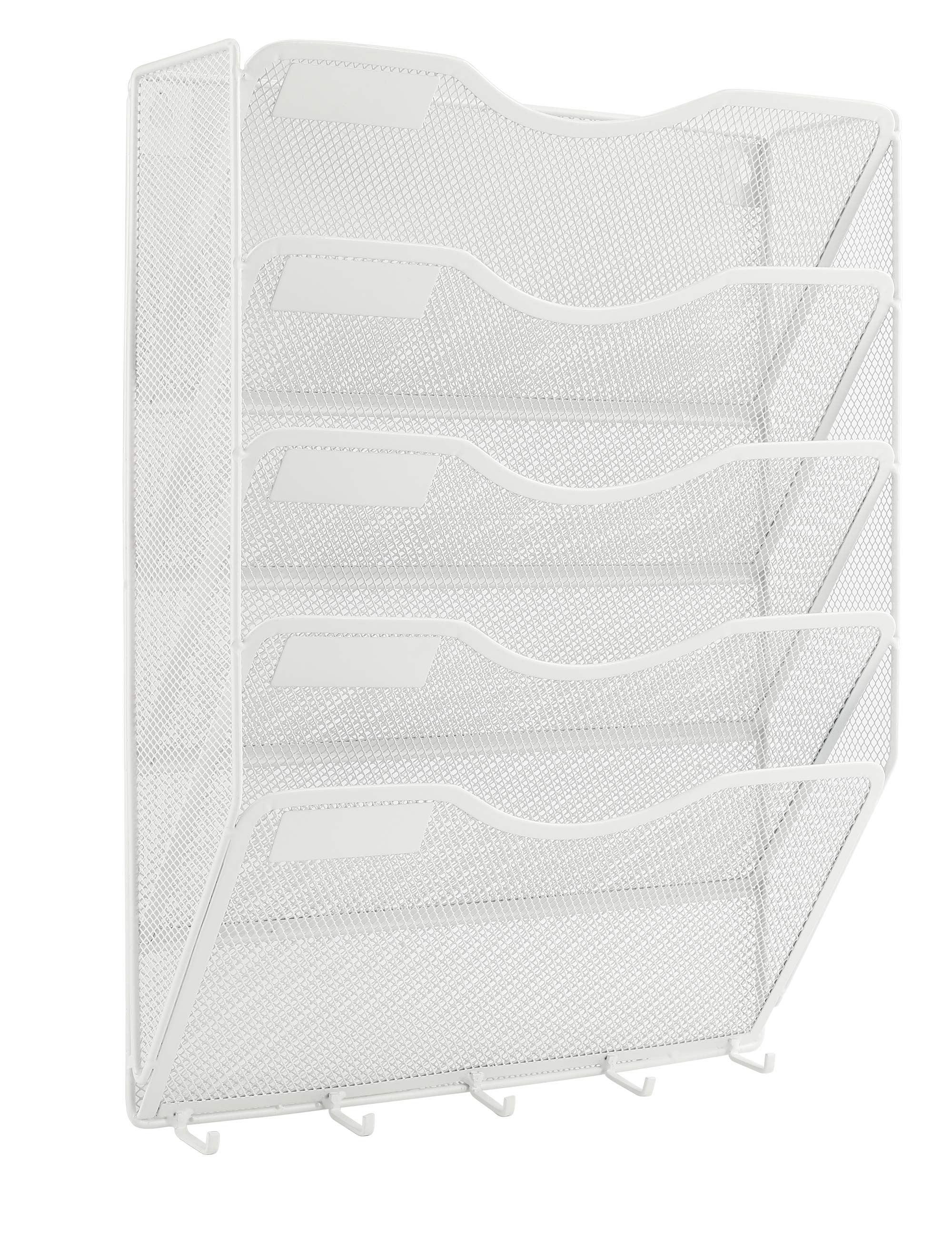 EasyPAG Wall Mount File Organizer with Key Hooks 5 Pocket Vertical Mesh Hanging Wall File Holder Magzine Paper Folders Rack for Office and Home,White