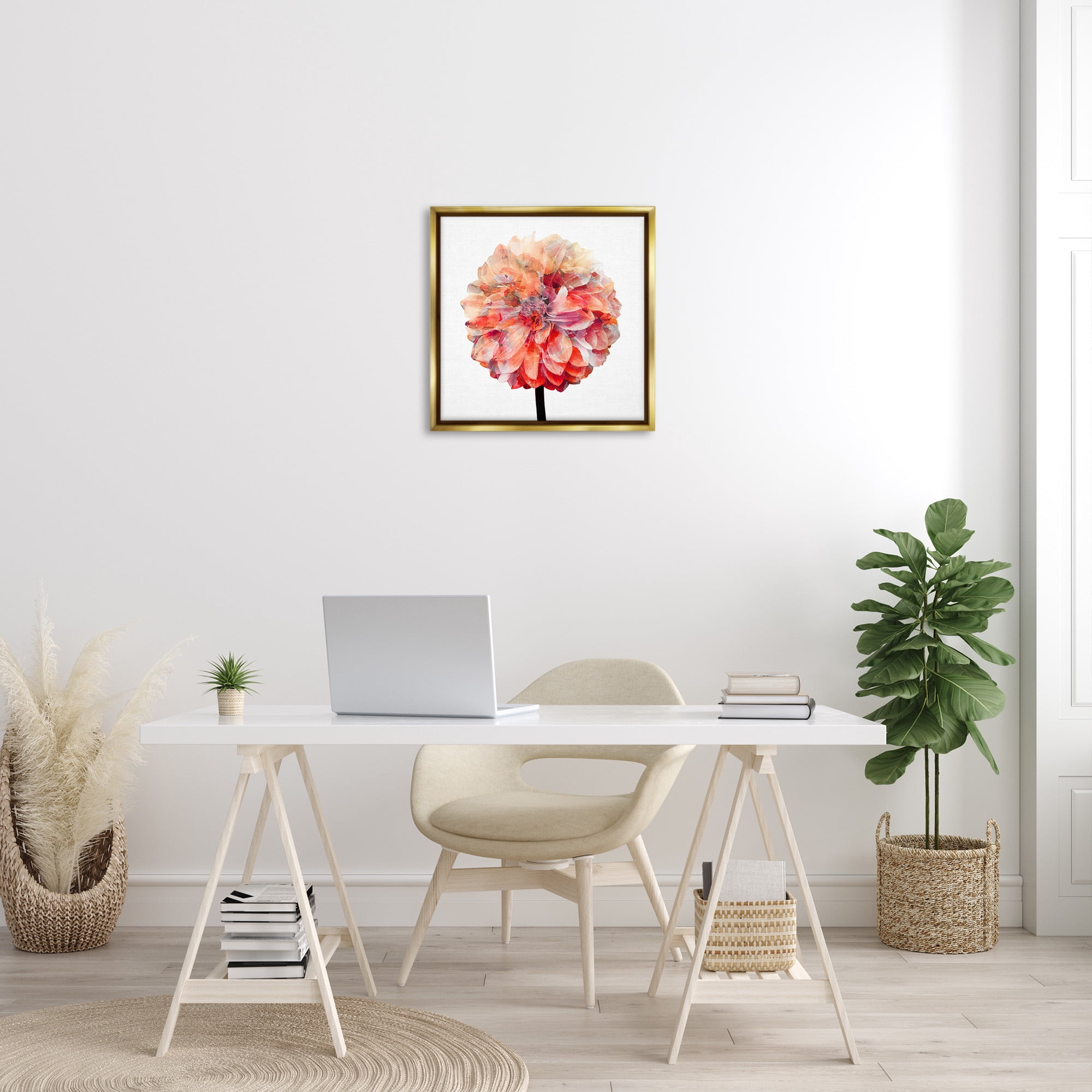 Stupell Industries Bright Coral Watercolor Bloom Botanical & Floral Painting Gold Floater Framed Canvas Art Print Wall Art, 25 x 25